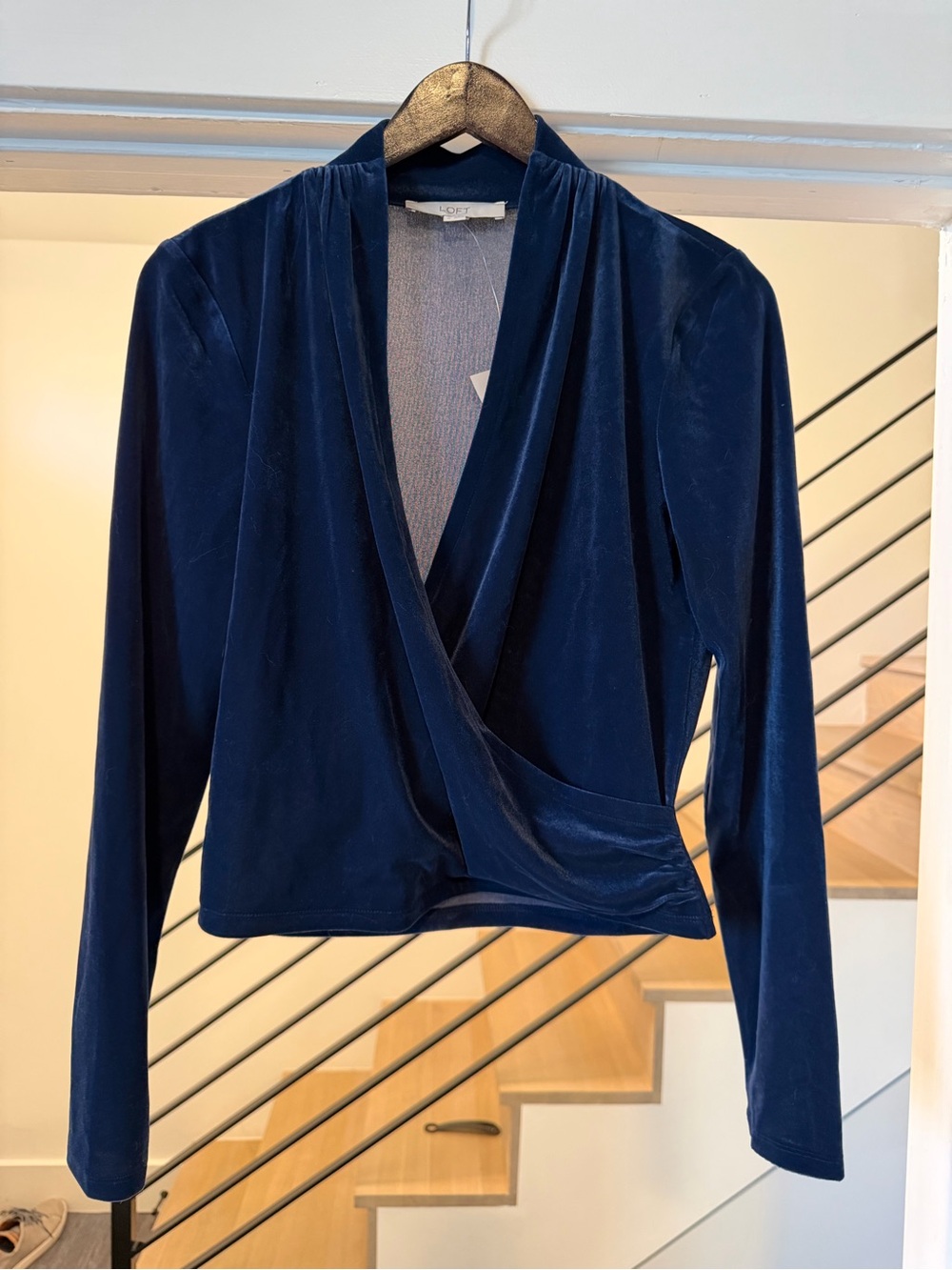 LOFT Navy Velvet Drape Wrap-Style Long Sleeve Top